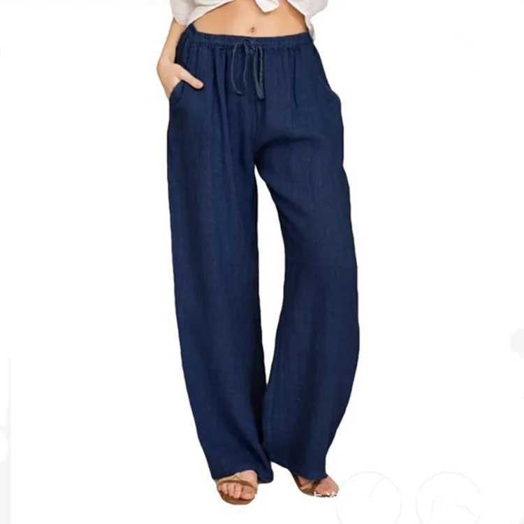 Women Cotton Linen Pants Fashion Solid Color Elastic Waist Loose Straight Pants Female Ankle-length Trousers Summer Casual PantsX241008