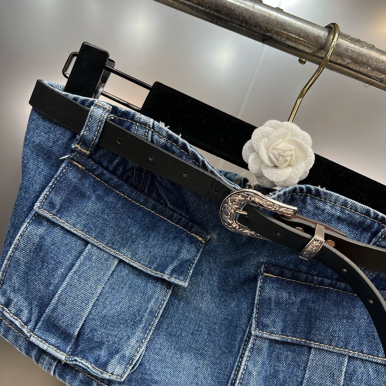 Womens Two Piece Pants PREPOMP Sleeveless Strapless Camisole Crop Top Belt High Waist Blue Denim Cargo Long Jeans Set Women GH246 230320