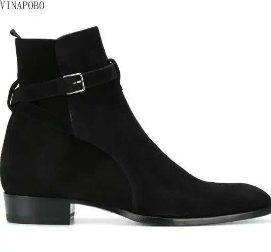 Autumn British Brown Black Frosted Genuine Leather Twist Ankle Buckle Pointed Toe Short Boots Men Cowboy High Top Retro 240924 c54d