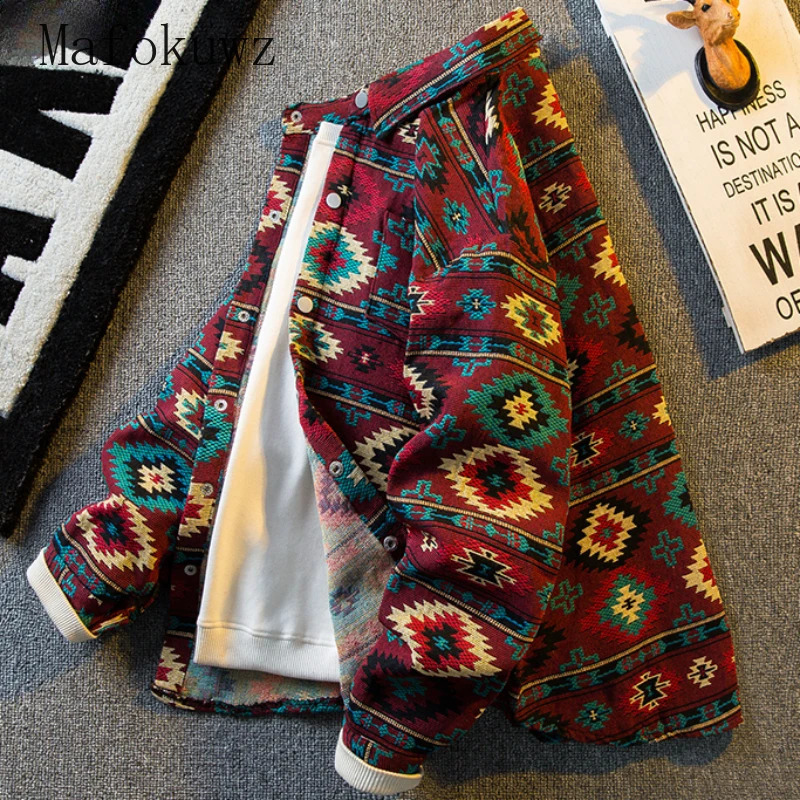 Autumn vintage embroidery woven long sleeved mens ethnic style loose casual high street shirt jacket mens clothing 241008