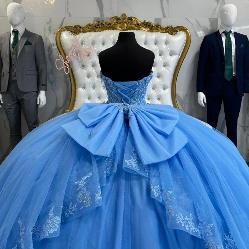 Sky Blue Shiny Off The Shoulder Quinceanera Dresses Ball Gown Tulle Lace Applique Sweet 16 Dress Birthday Party Vestido De Charra 15 Anos