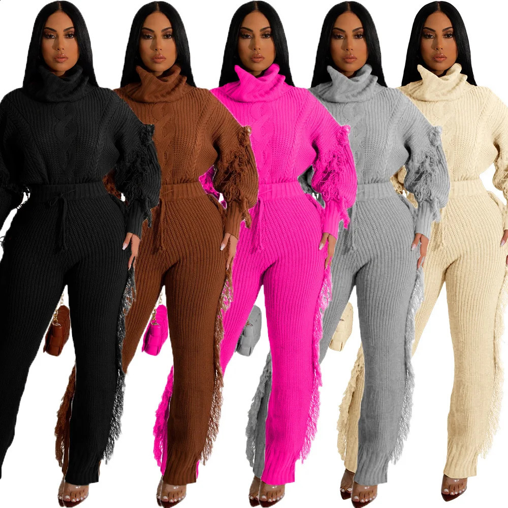 Knitted sweater set womens track suit autumn tassel sleeves navy blue collar mouth floral side pants casual and warm twopiece 241007