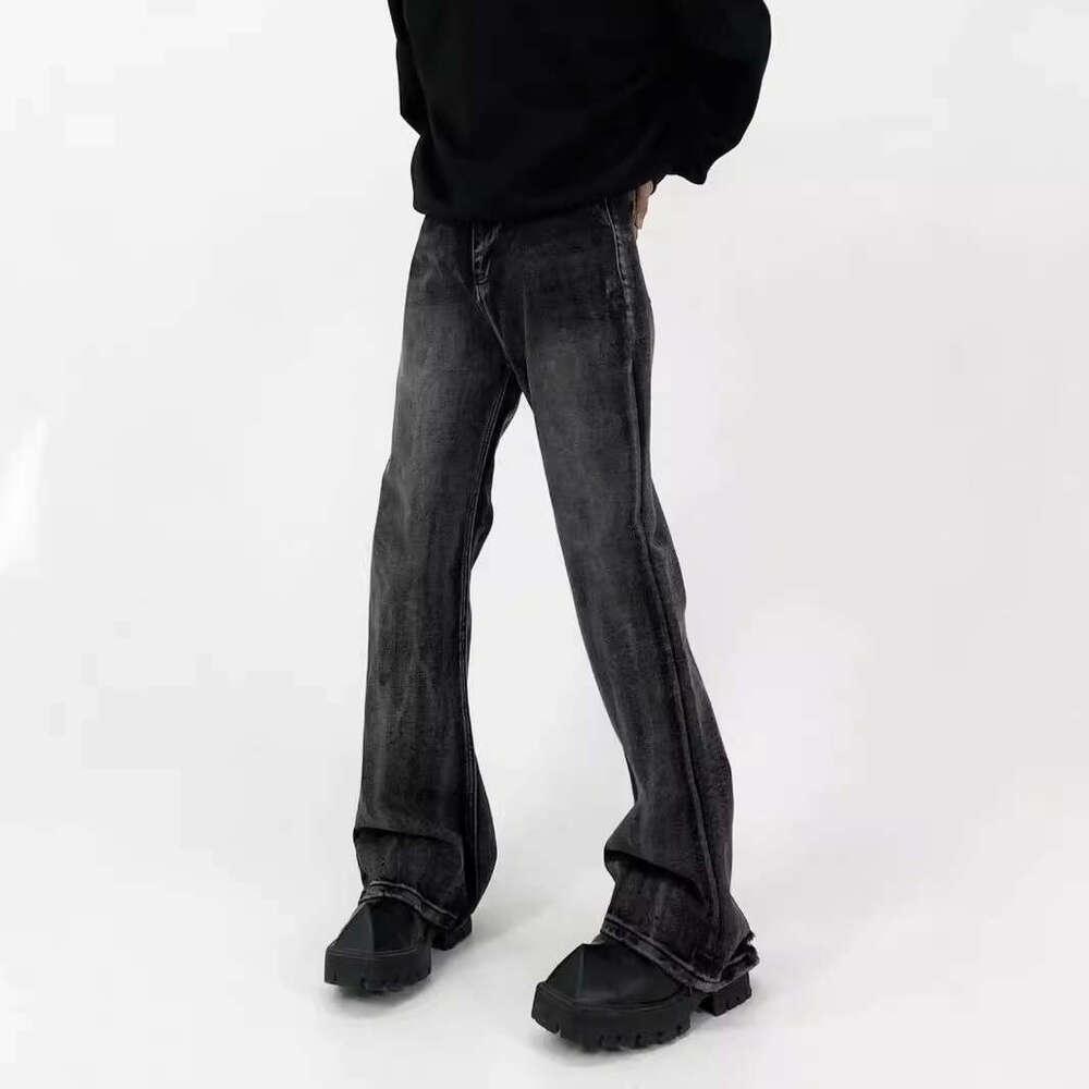 Korean INS Premium Jeans Men's Loose Straight Leg Retro Distressed Gray Pants With A Hanging Feeling And Wide Legs, Floor Length Pants