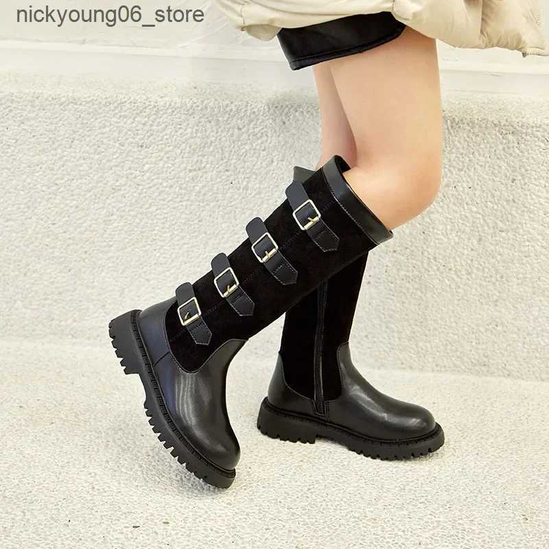 Boots Retro Buckle Girls Long Boots 2024 Autumn New Fashion Knee-length Boots Princess High Top Casual Children Shoes L240910