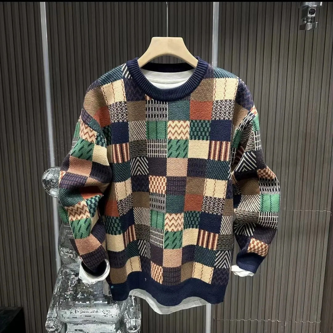 European loose casual checkerboard round neck long sleeved sportswear 2024 autumn and winter new item with plush warm men's shirt