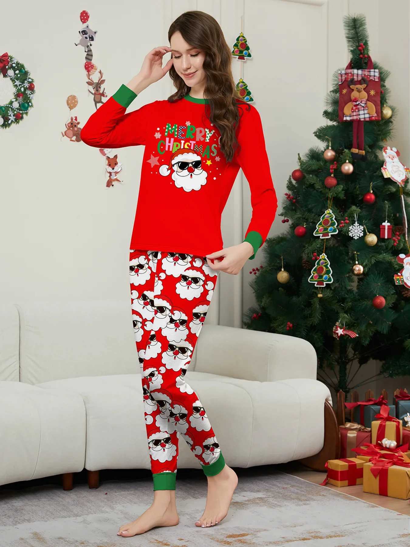 Merry Christmas Santa Claus printed home matching set soft and warm pajamas set casual and loose 2-piece set home clothes baby and dog Pjs W241008