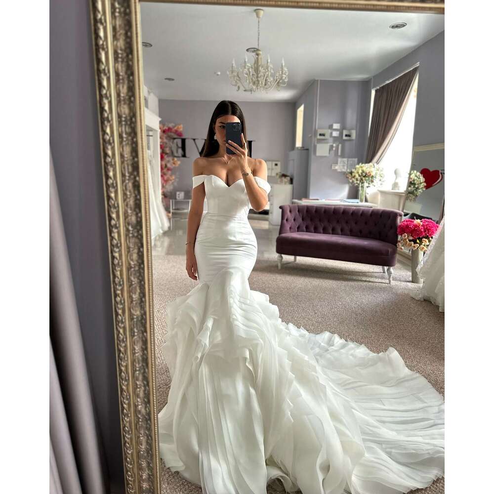 Mermaid Tulle Ruffle Wedding Dresses Long for Bride 2025 Off the Shoulder Court Train Bridal Dressess Gowns