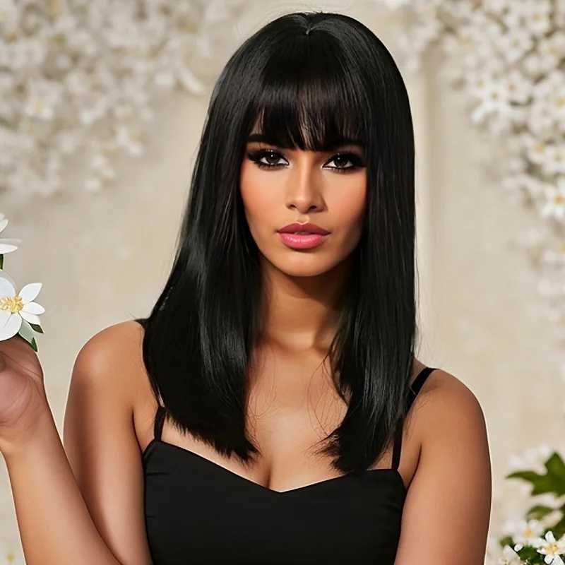 Wig female comic strip hair bangs medium long hair black chemical fiber high temperature silk mechanism head coverXJ241008