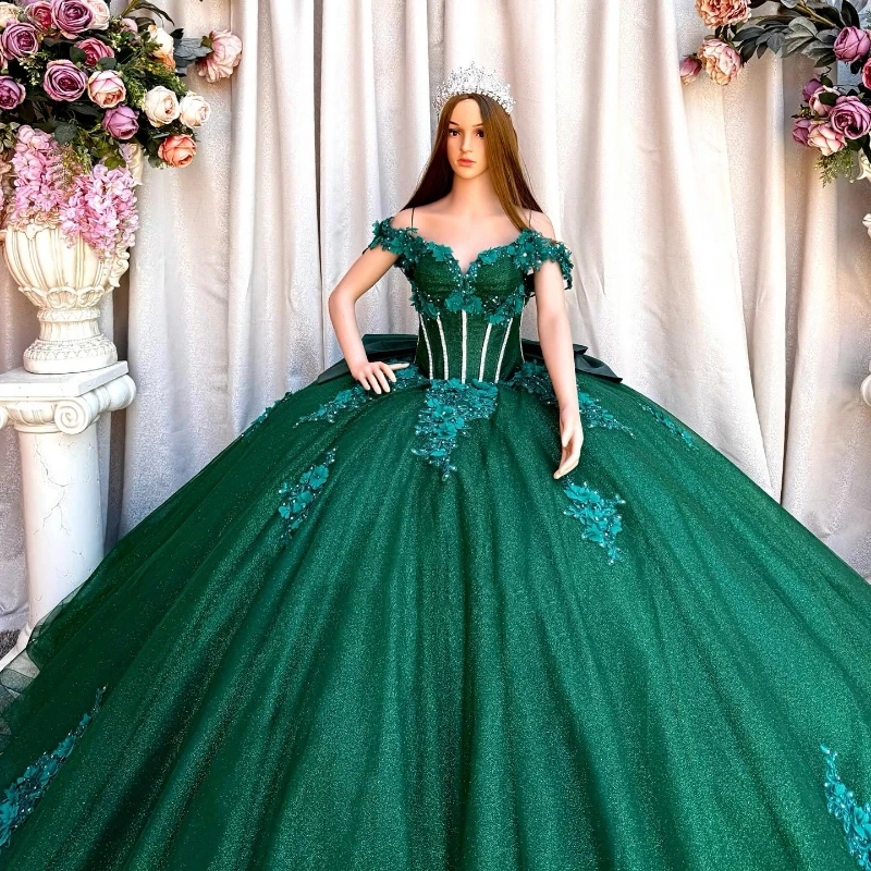 Green Shiny Sweetheart Ball Gown Quinceanera Dresses Beads Appliques 3D Flower Bow Birthday Party Gowns Vestidos De 15 Anos Sweet 16 Dress