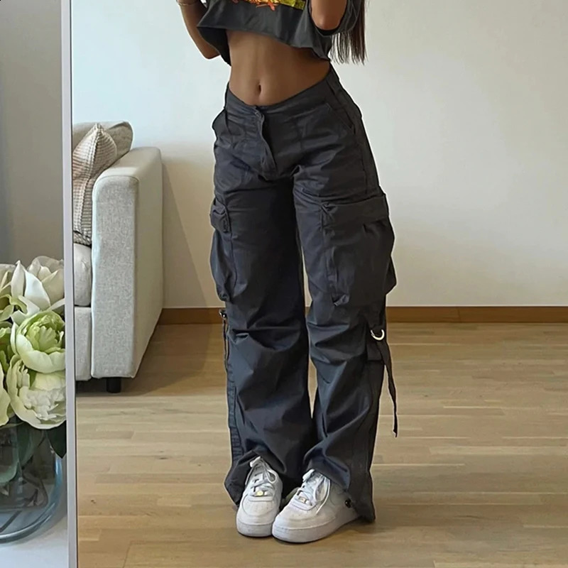 Darlingaga Streetwear Basic Buckle Cargo Pants Women Solid Straight Leg Big Pockets Baggy Trousers All-Match Y2K Sweatpants Chic
