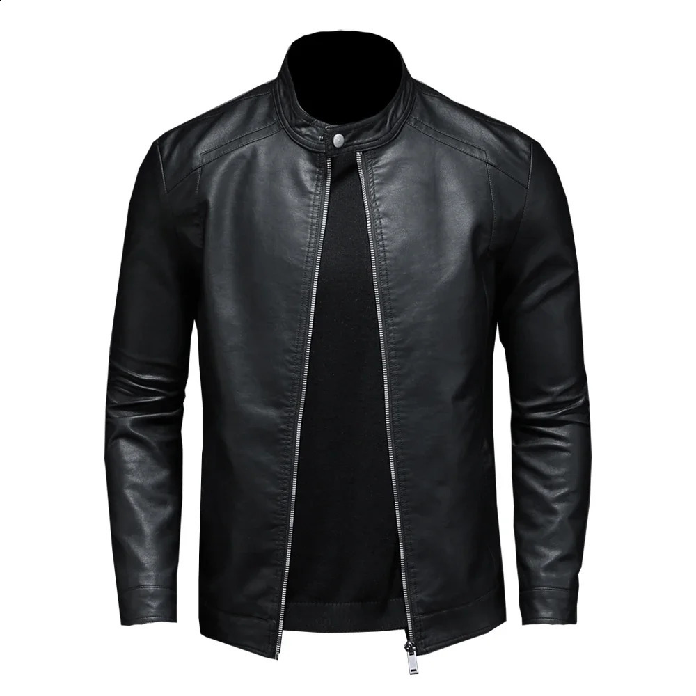 Men Stand Collar Spring Autumn Leather Jacket Slim Pu Fashion Motorcycle Causal Coat Mens Moto Biker y240930