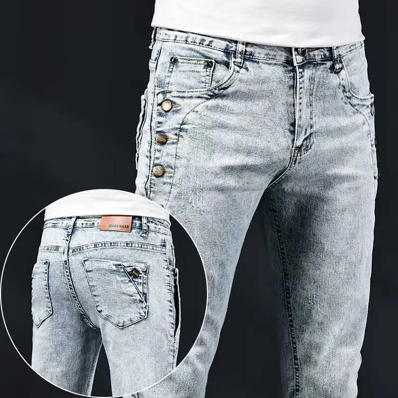 Ultra thin tight jeans mens new elastic Korean design fashionable multi button blue and white retro washed cotton elastic denim pants TrouserW240715