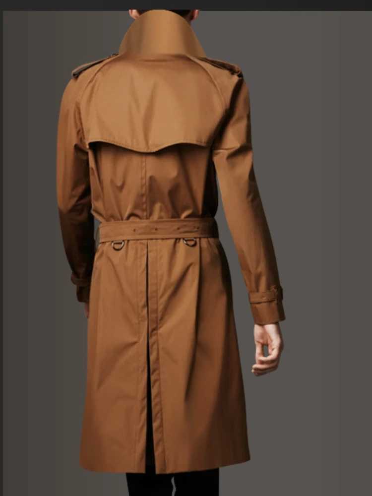Double breasted classic long sleeved mens windproof jacket British style windproof jacket brown business casual X long jacket W241007