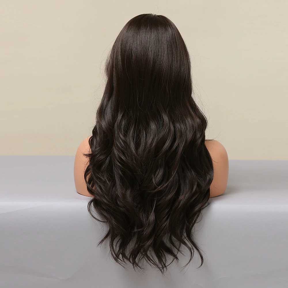 Long Wavy Black Brown Synthetic Wigs With Bangs Natural Curly Hair Wigs for Women Heat Resistant Fiber Wigs for Daily CosplayXJ241008