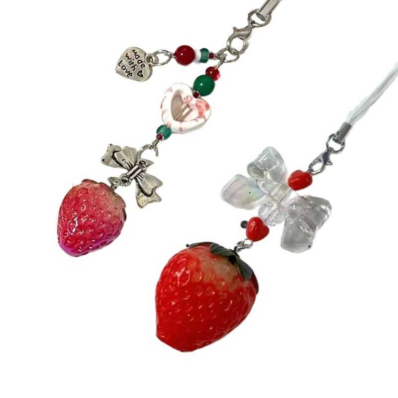 Strawberry Beaded Cell Phone Charm Handmade Keychain Pendant for Bag PurseX241008