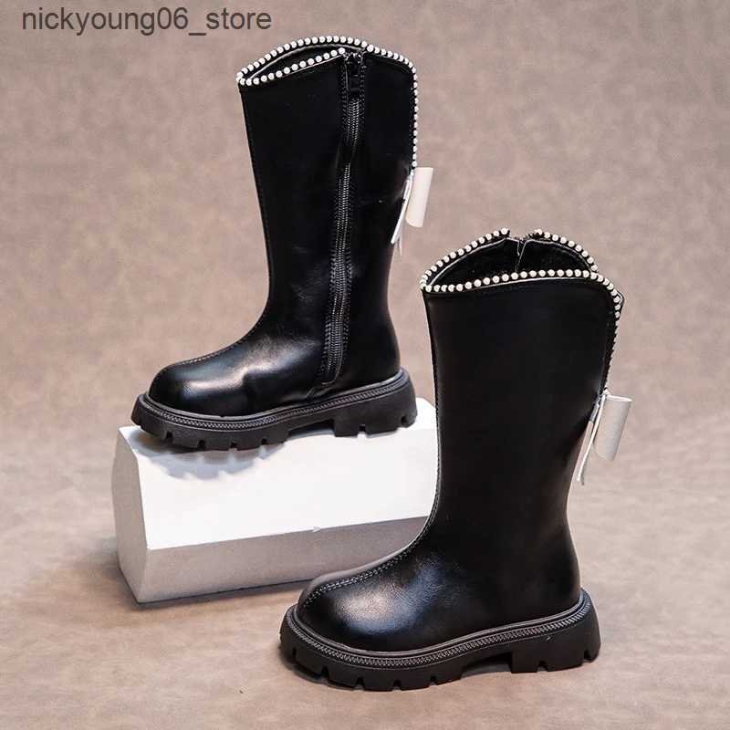 Boots Girls High Boots with Bow-knot Anti-Slippery Fashion Children Beading Elegant Princess Boots Side Zipper Kids Leather Long Boots L240910