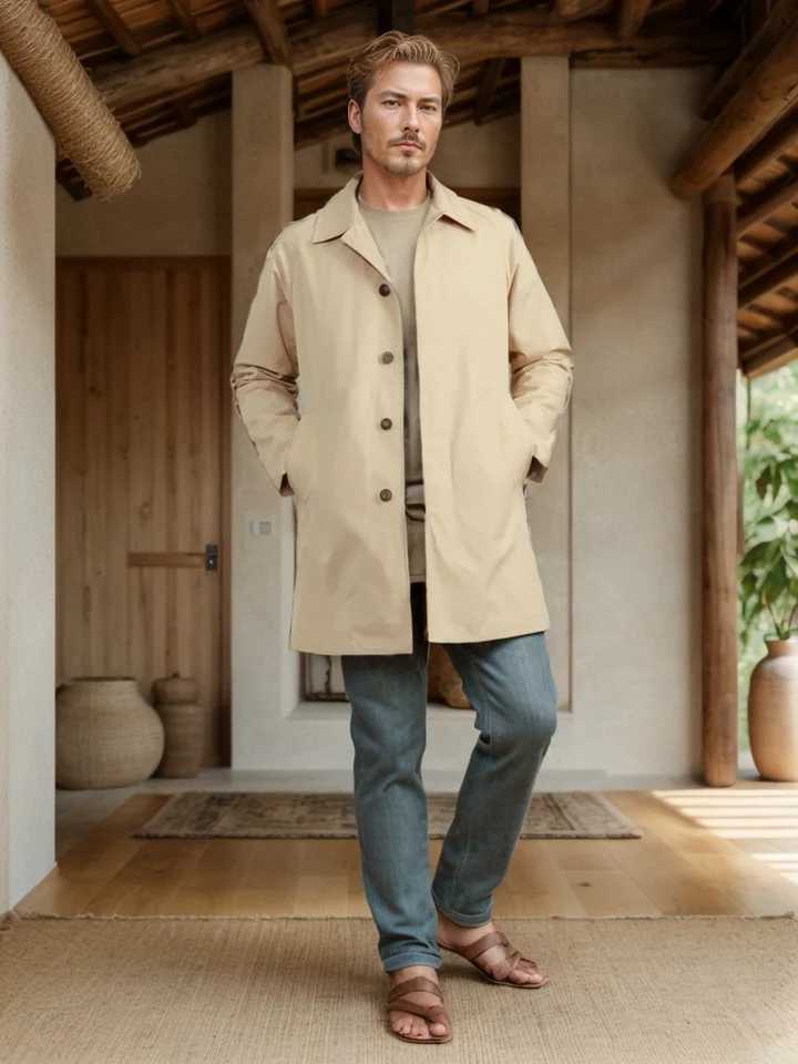 2024 new mens windproof spring and automatic solid color mens long sleeved lapel coat single-layer casual long thin coat W241007