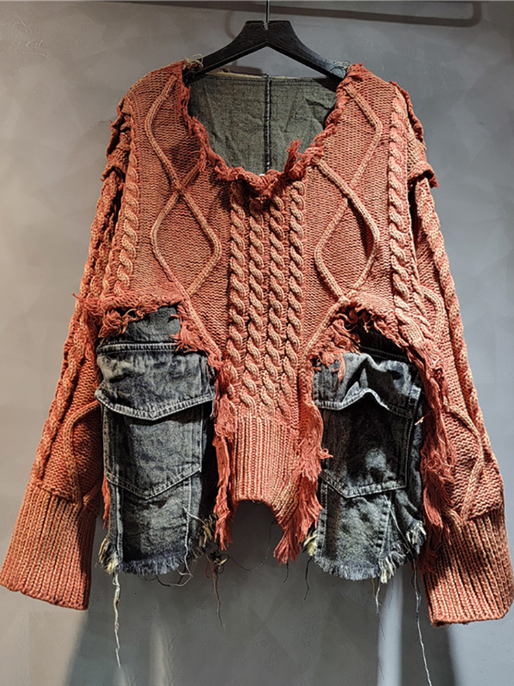 DEAT Women's Pullover Long Sleeve Irregular Do Old Patchwork Pockets Vintage Washed Denim Sweater2024 Autumn New Fashion 29L8195