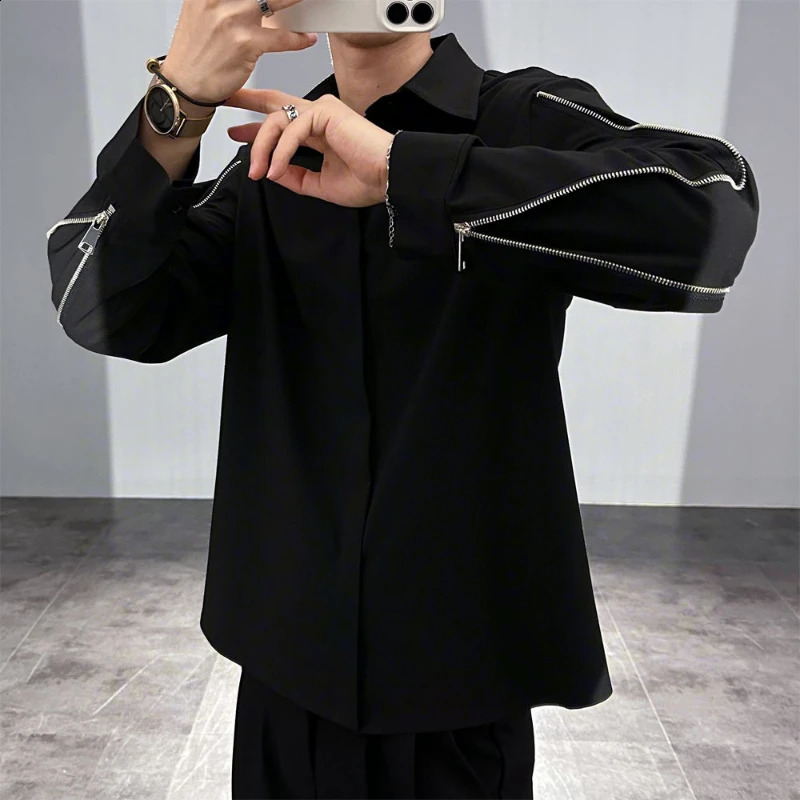 Spring and summer fashion collar long sleeved solid mens shirt Korean button zipper trend fully matched shirt 241007