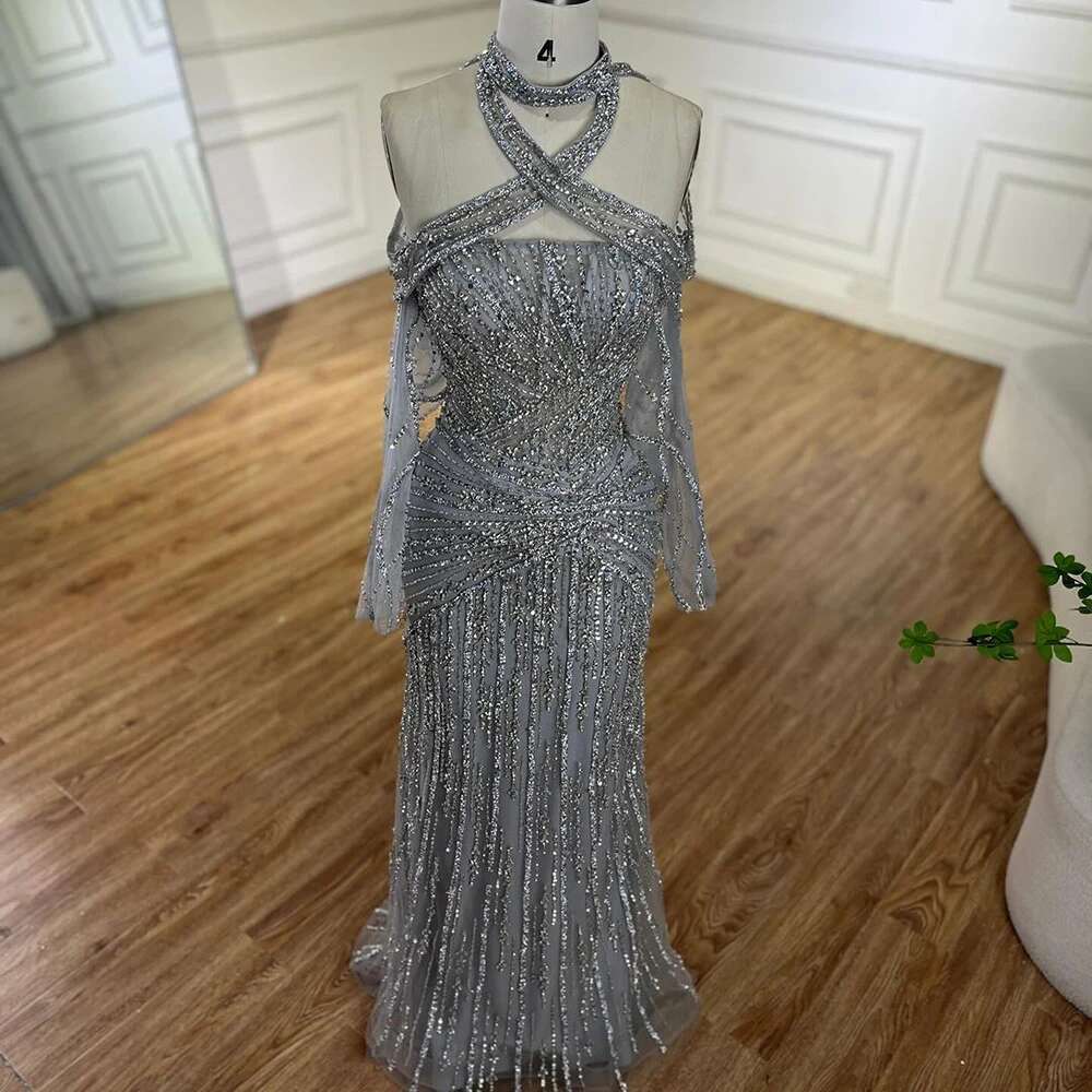 Serene Hill 2024 Arabic Gray Decorative Halter Mermaid Dubai Evening Gown Beaded Dress for Women's Party DLA72651