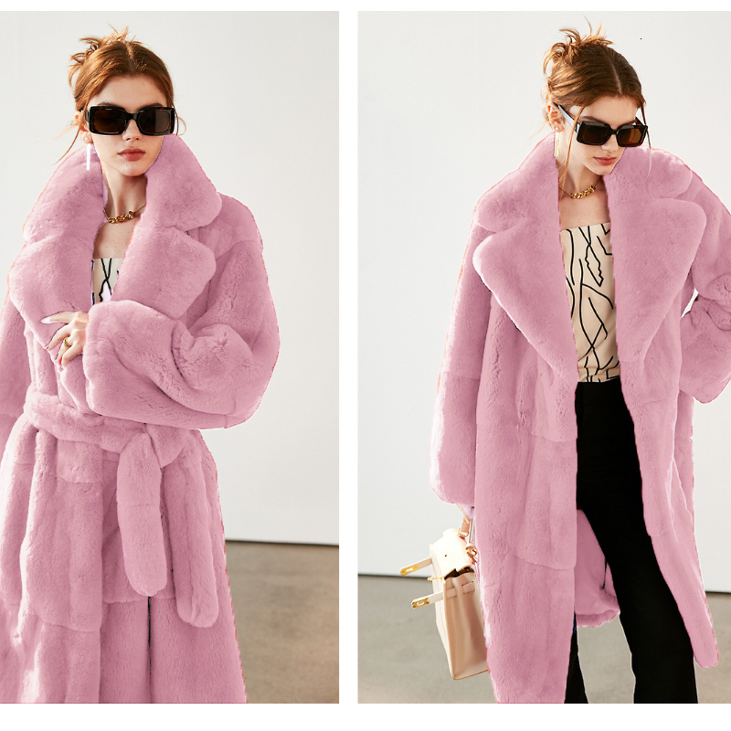 Long Faux With Belt Fluffy Jacket Teddy Female Lapel Pink Plush Fur Coat Winter Jackets For Women 2023 5Xl