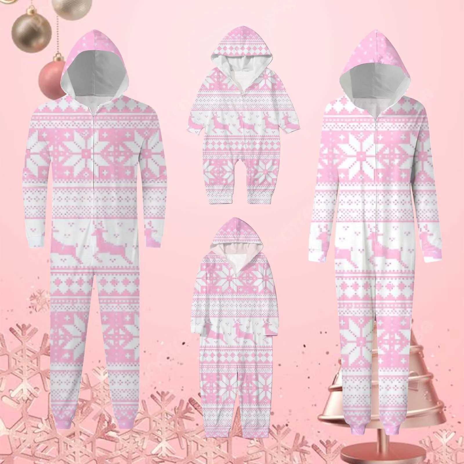 Snowflake print pink family matching hoodie Christmas family clothing family parents children Christmas pajamas navidad W241008