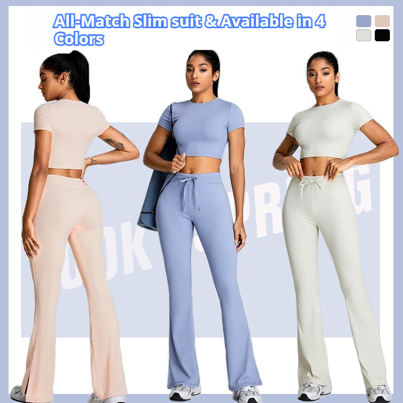 Threaded micro yoga set for women, slim fit and slimming fitness top, split flared pants, skipping exercise suit