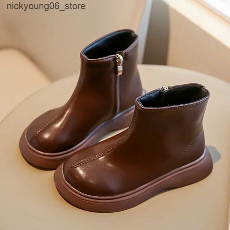 Boots Childrens Autumn Boots Fashion Round-toe PU Leather Kids Single Boots Causal Versatile Spring Girls Ankle Boot Thick Bottom L240910