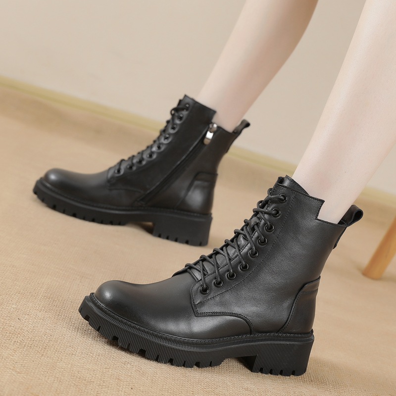 Autumn and winter new handsome British style side zip thick bottom short boots knight boots in the help of leather Martin boots female