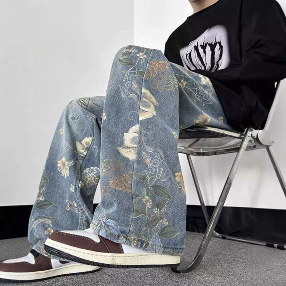 Small Niche High Street Printed Jeans Men's Summer American Hip-Hop Straight Leg Pants Cleanfit Trendy Brand Wide Leg Floor Pants Men's jean