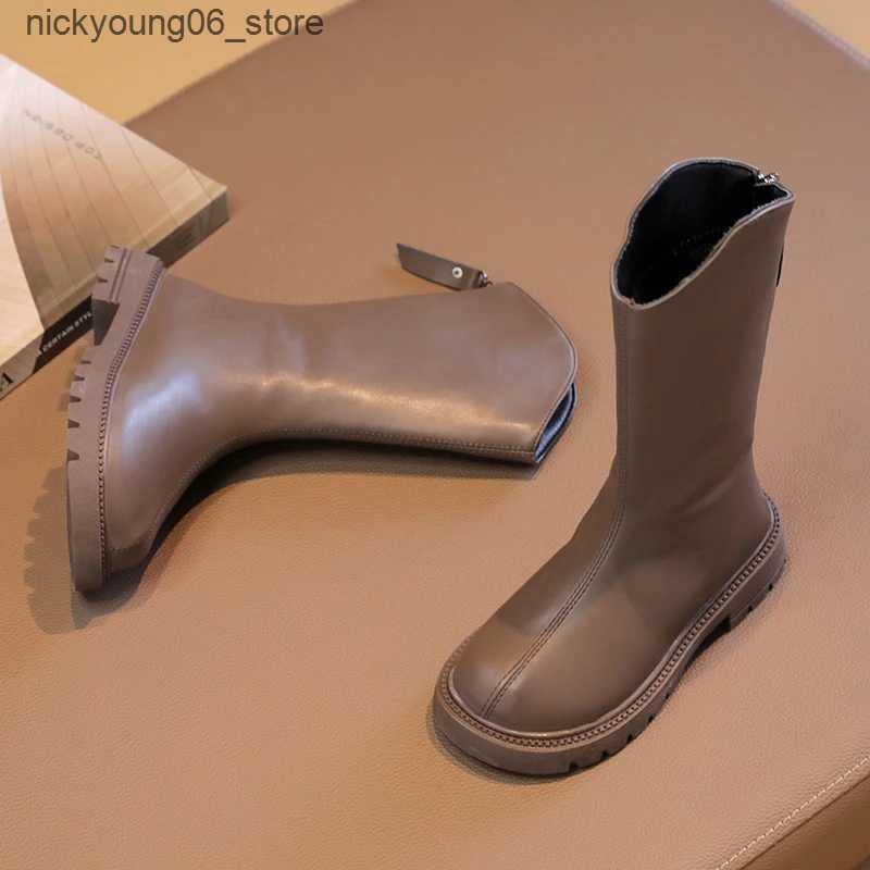 Boots New Girls Mid-Calf Boots Black Brown Versatile Children Leather Boots Classic Simple Kids Causal Catwalk Boots Fashion Non-slip L240910