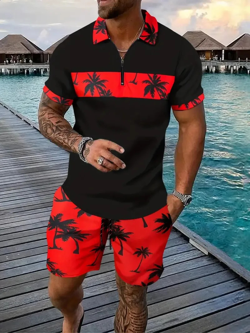Hawaii 2-piece 3D Coconut Tree Printed Zipper Polo Shirt Short Sleeves and Shorts Casual Fashion Zipper Mens 2PCS Sportswear 240930