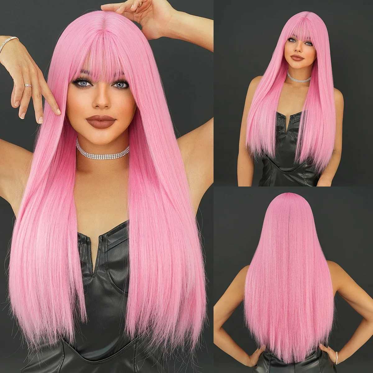 NAMM Long Straight Cherry Blossom Powder Wig For Women Daily Party Natural Synthetic Middle Part Wig Heat Resistant Fiber LongXJ241008