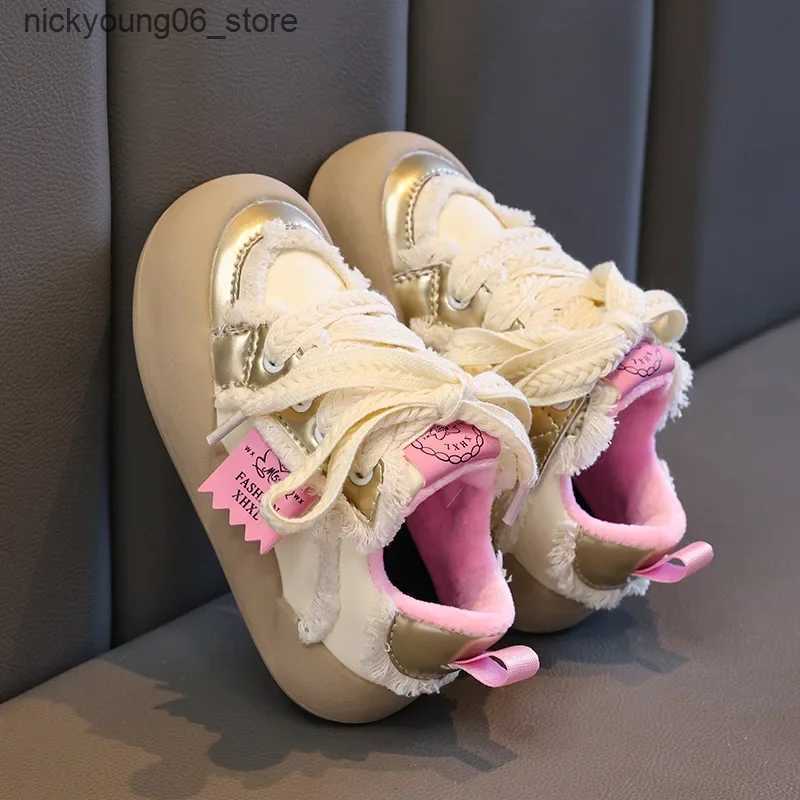Boots Girls Shoes Autumn Winter Fashion PU Leather Warm Cotton Shoes Lace Up Soft Sole Kids Sneakers Versatile Non-slip Skate Shoes L240910