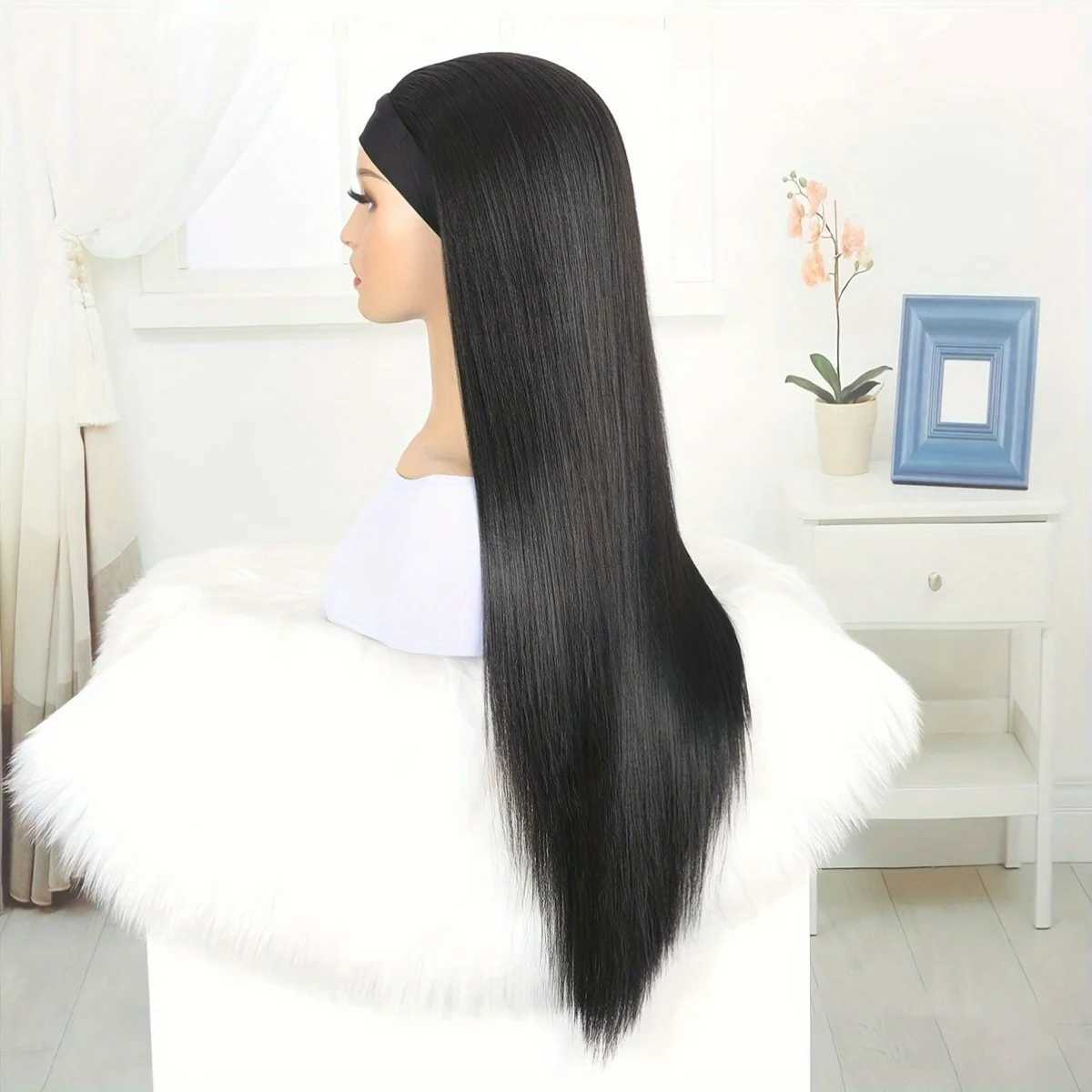 28 Inch Straight Headband Wig Black Heat Resistant Synthetic Hair Womens Headband Wig Full Machine Made Wigs WomenXJ241008