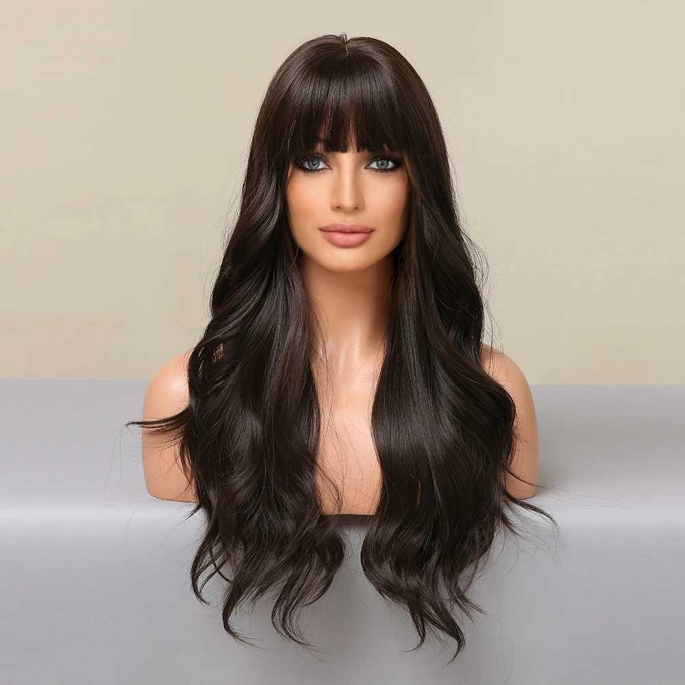 Long Wavy Black Brown Synthetic Wigs With Bangs Natural Curly Hair Wigs for Women Heat Resistant Fiber Wigs for Daily CosplayXJ241008