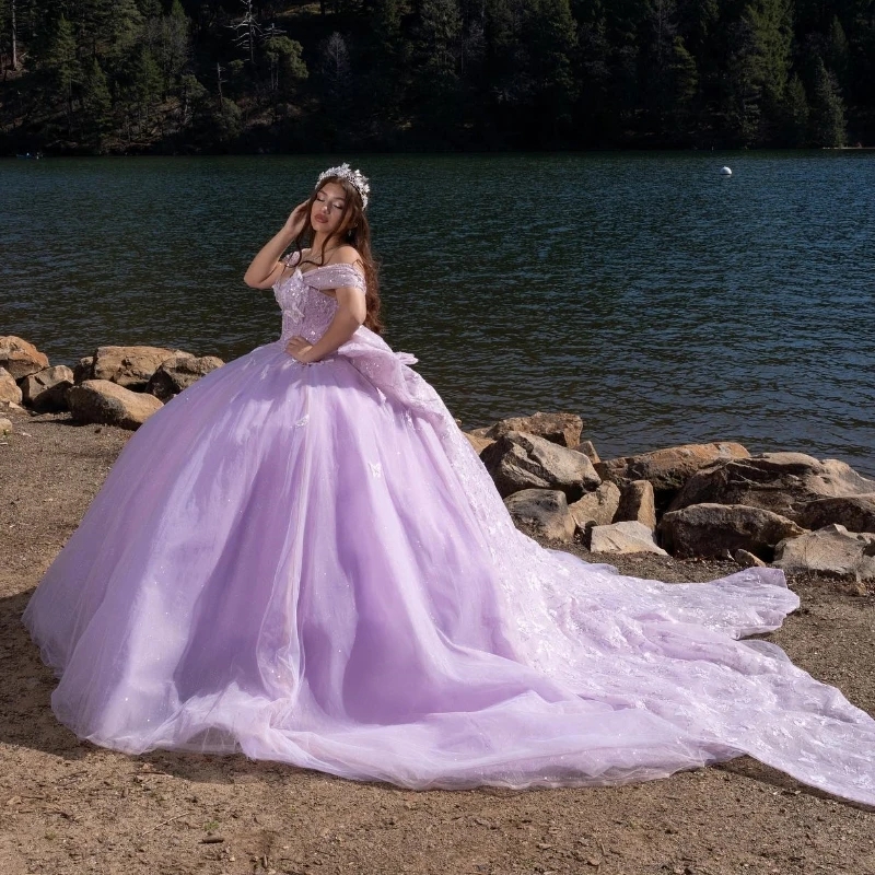 Lavender Lilac Shiny Off The Shoulder Quinceanera Dresses Ball Gown Bow Crystal Beading Tull Sweet 16 Vestido De 15 Anos