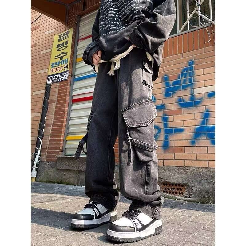 American High Street Multi Pocket Workwear Jeans For Men In Autumn And Winter, Oversized Loose Straight Leg Wide Leg Men's Pants, Trendy Men'