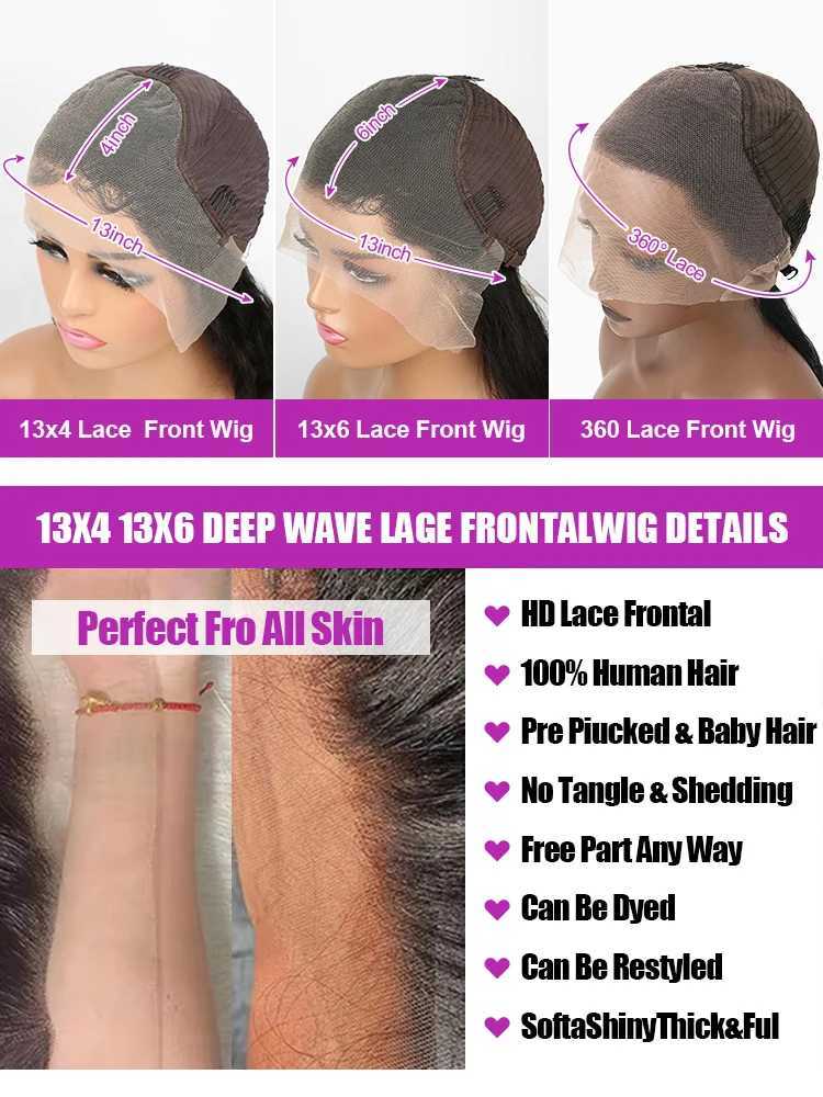 Transparent 300% Density Water Culry 360 Full Lace Frontal Wig Human Hair 40Inch Deep Wave 13x4 13x6 Hd Lace Front Wig For WomenXJ241008