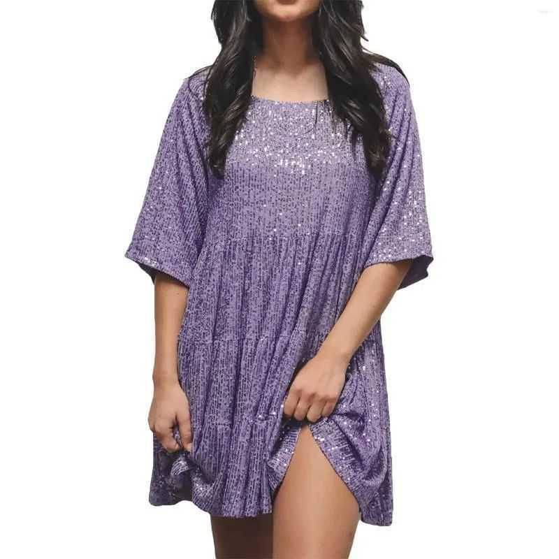 Casual Dresses Spring Summer New Glitter Dress Half Sleeve Round Neck Ruffle Loose Dress Urban Sexy Dresses 240924