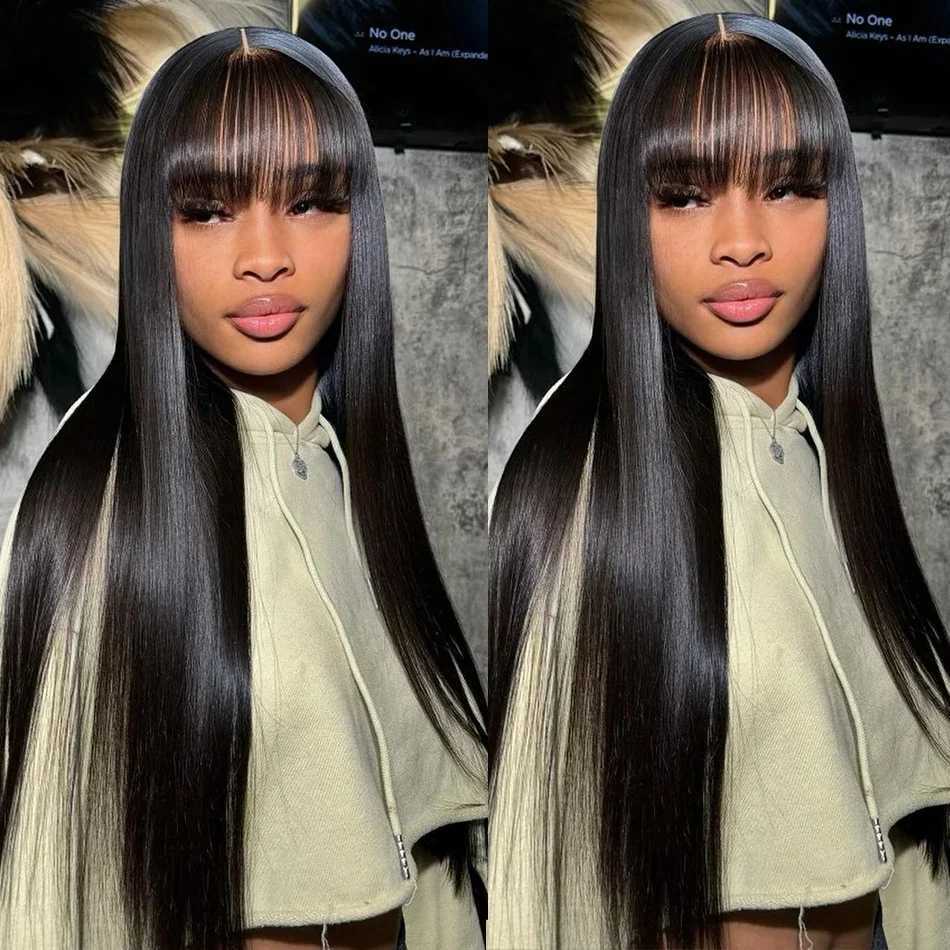 Brazilian Bone Straight Long 100% Human Hair Wigs With Bangs Natural Black Fringe Wig With Bangs For Women cheap wigs on SaleXJ241008