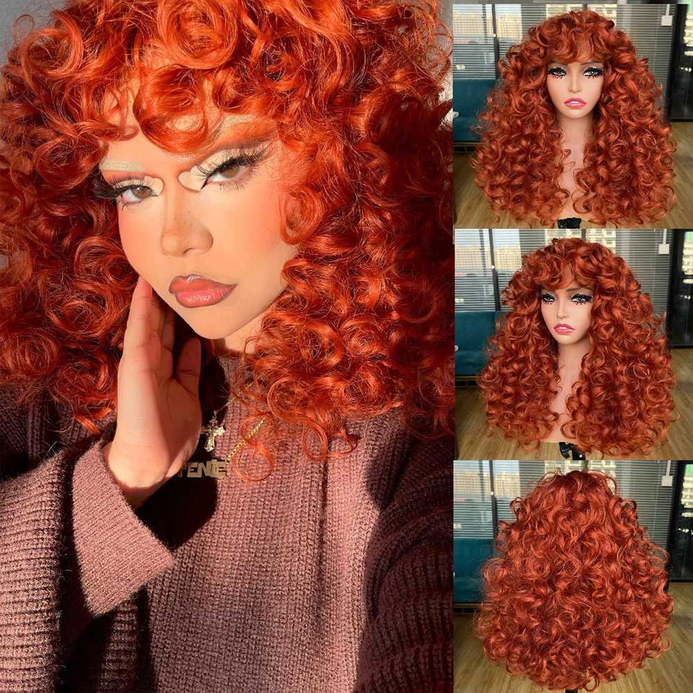 Red Ginger Wig for Women Long Curly Wave Wigs with Bangs Copper Synthetic Wig Natural Cosplay Party Heat Resistant Hair HihooXJ241008