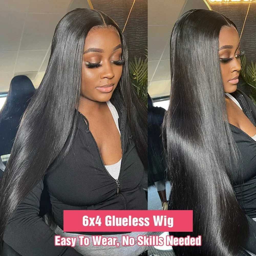 Wear Go Glueless Wig Bone Straight 6x4 HD Lace Front Wigs Human Hair Pre Plucked Glueless Lace Frontal Wigs Natural Black ColorXJ241008