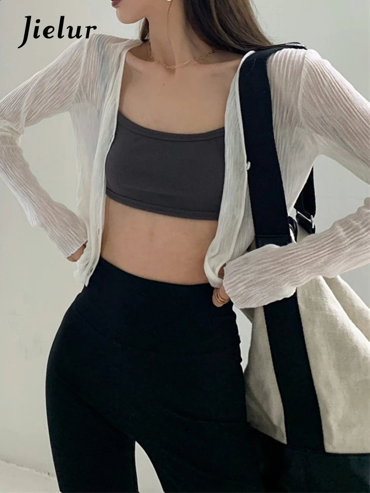 Jielur Autumn Loose Slim Cardigan Woman Casual Simple Basic Solid Color Womens White Black Street Female 240924