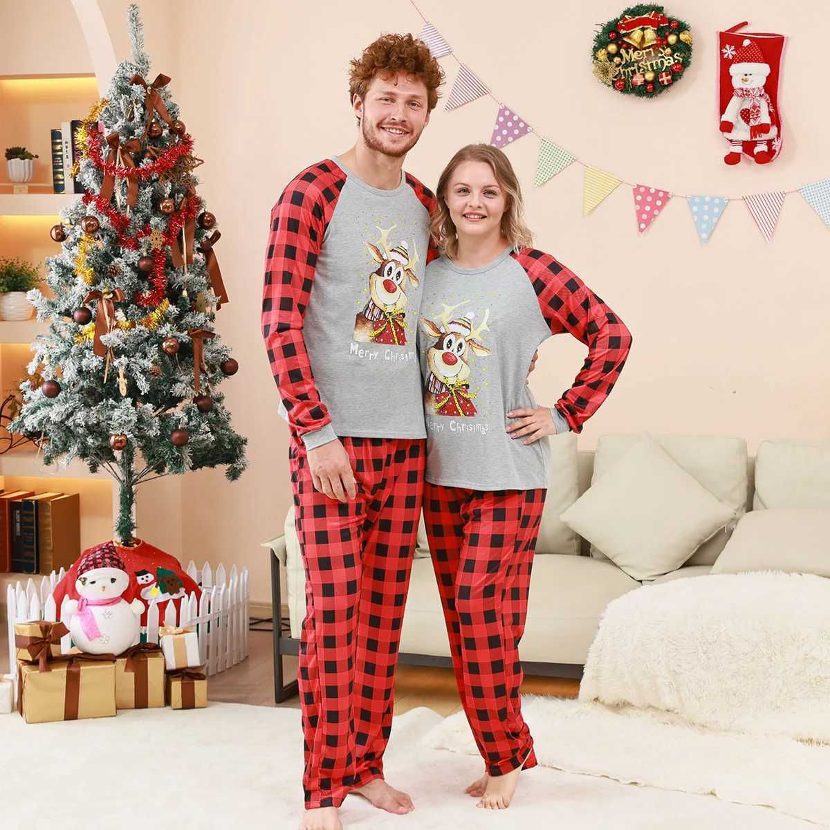 New Deer Plaid Print Christmas Pajamas Set Parent-child Matching Outfits Casual Loose Loungewear Baby Boys Girls Pjs Family LookXJ241008