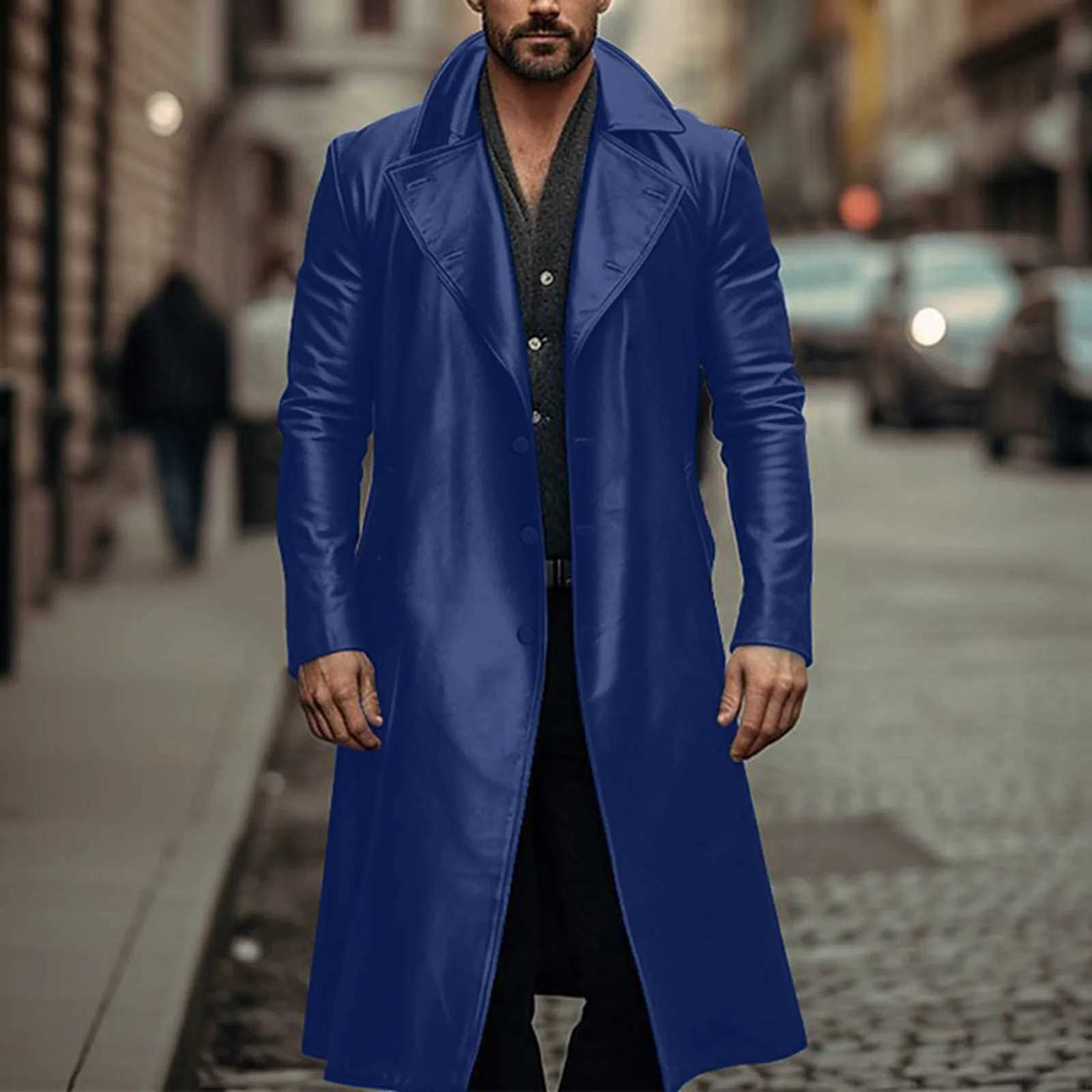 2024 mens artificial leather trench fashion long sleeved autumn windproof jacket ultra-thin leather long sleeved jacket mens jacket W241007