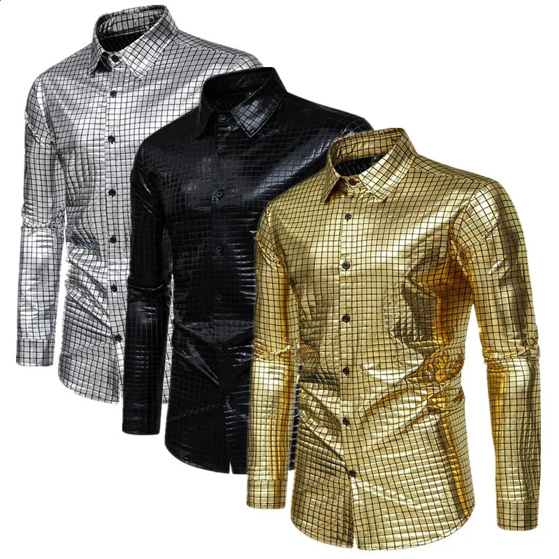 Mens gold long sleeved plain shirt loose and comfortable with small stretch top mens wedding banquet bar KTV dress shirt 241007