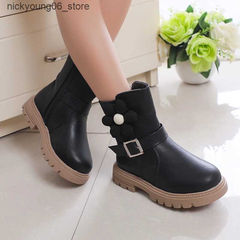 Boots Sweet Princess Boots Flowers Cute Buckle Fashion Kids Shoes Side Zipper Children Casual Shoes PU 2023 New Brown Beige Elegant L240910