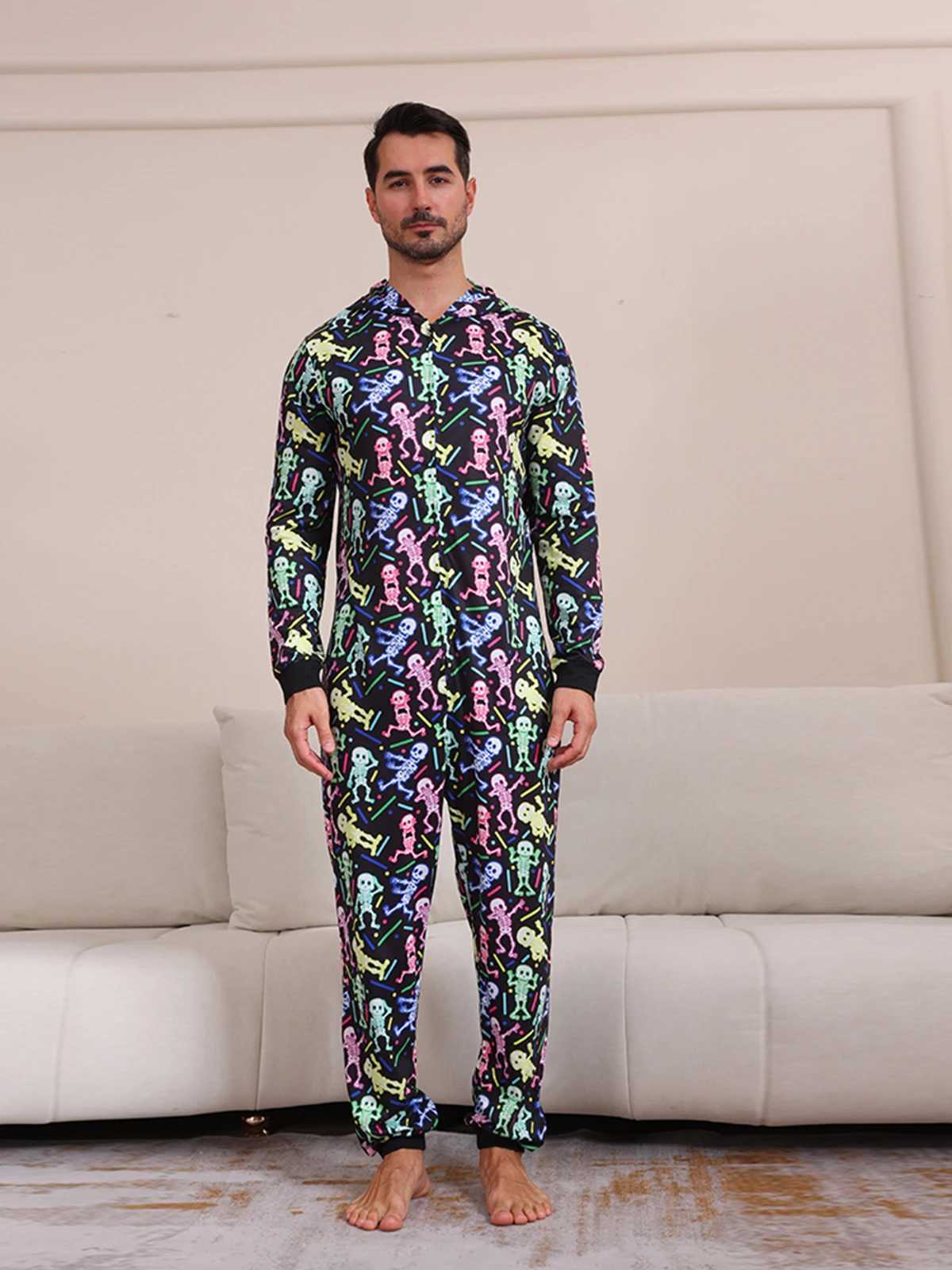 2024 New Halloween Party Mom Dad Kids Matching Outfits Skull Print Zipper Hooded Romper Jumpsuits Soft Sleepwear Family Look PjsXJ241008