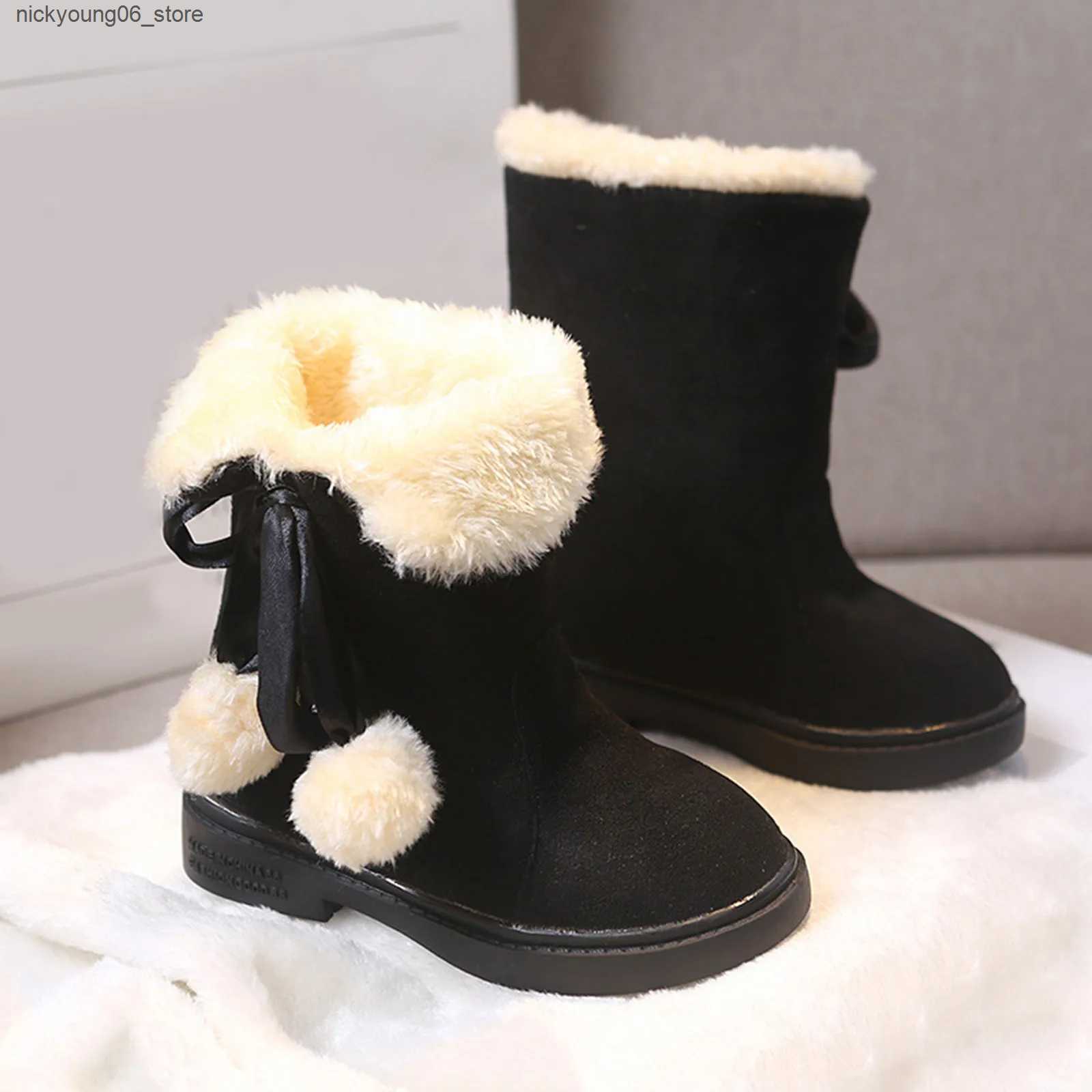 Boots Girls Winter Boots Warm Plush Christmas Red Boots Cute Furry Children Cotton Shoes Anti-slip Kids Students Rubber Snow Boots L240910